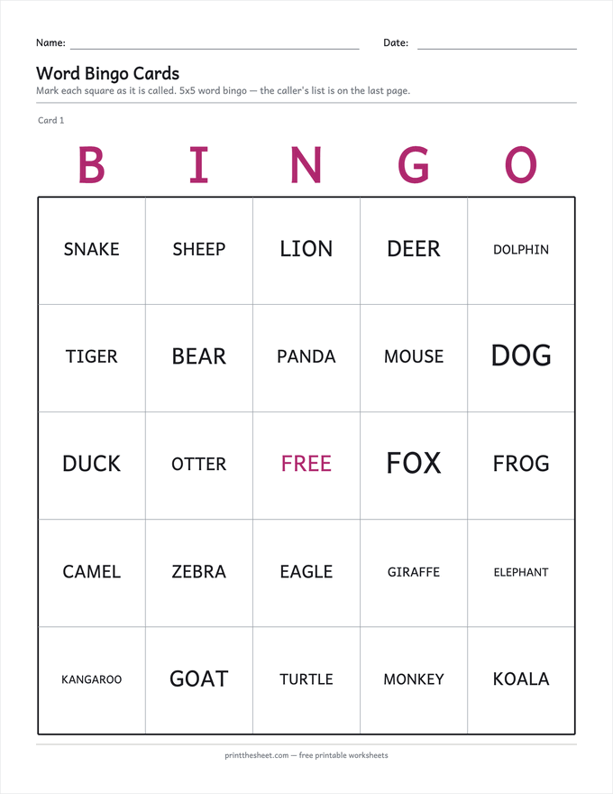 A printable 5-by-5 word bingo card with the letters B I N G O across the top, animal names such as tiger, panda and koala in the squares, and a free space in the centre.
