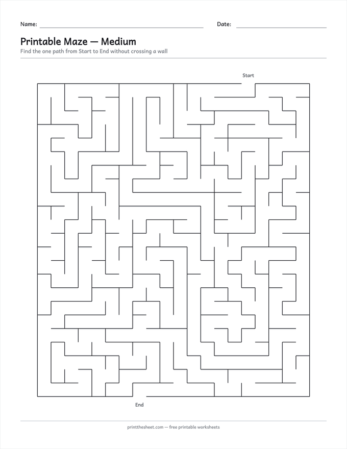 A printable medium-difficulty rectangular maze with Name and Date lines at the top, a Start label above the entrance and an End label below the exit.